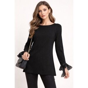 ZOZO Black Tunic Satin Ties On The Sleeves Zip Up The Back Scoop Neck Medium